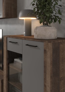 meble DELIS #1 zestaw witryna szafka RTV regał półka dąb grange grafit