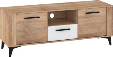 meble MIGES 10 komoda stolik szafka RTV na nóżkach dąb sonoma biały połysk