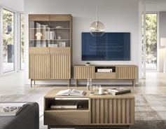 meble SAORI #1 pokojowe witryna komoda szafka RTV stolik kawowy dąb cremona