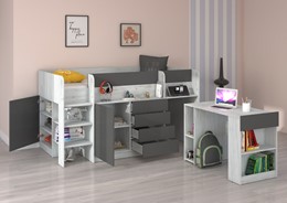 Łóżko piętrowe biurko komoda z szufladami antresola EMI L craft biały grafi