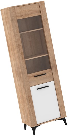 meble MIGES 15 wysoka witryna do salonu na nóżkach dąb sonoma biały połysk