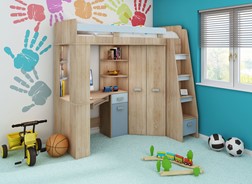 Łóżko piętrowe z biurkiem szafą narożną antresola SOLA P dąb sonoma błękit