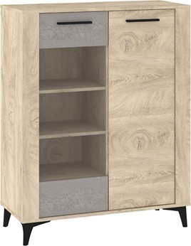 meble MIGES 14 niska witryna do salonu na nóżkach dąb endgrain beton szary
