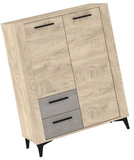 meble MIGES 08 regał z szufladami drzwiami na nóżkach dąb endgrain beton sz