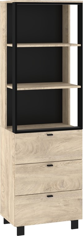 meble GAVES 11 wysoki regał z półkami szufladami loft dąb endgrain czarny