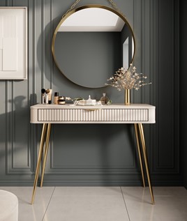 meble LENTA J konsola toaletka z szufladą na nóżkach do sypialni beż złoty
