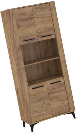 meble MIGES 09 wysoki regał z półkami drzwiami na nóżkach dąb craft złoty