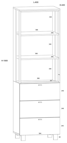 meble GAVES 11 wysoki regał z półkami szufladami loft dąb craft złot czarny