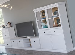 meble LUCCA #1 pokojowe witryna szafka RTV komoda biały opal dąb craft