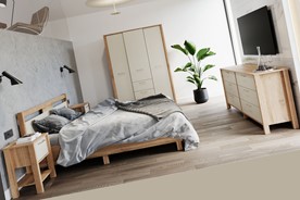 meble INDYGO #2 sypialnia łóżko 160 szafa komoda z szufladami dąb wotan beż