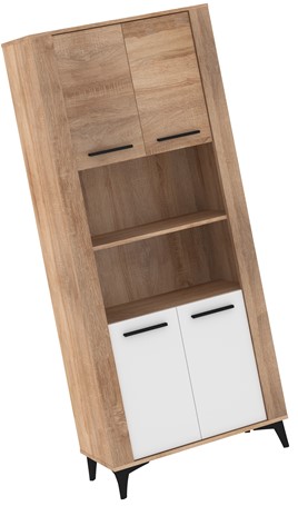 meble MIGES 09 wysoki regał z półkami drzwiami na nóżkach dąb sonoma biały