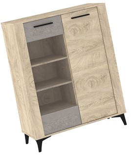 meble MIGES 14 niska witryna do salonu na nóżkach dąb endgrain beton szary