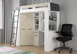 Łóżko piętrowe z biurkiem szafą narożną antresola FLO L biały gran. migdał