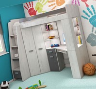 Łóżko piętrowe z biurkiem szafą narożną antresola SOLA L craft biały grafit