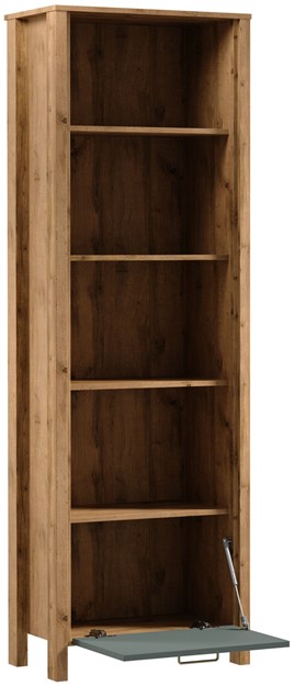 meble INDYGO R1K wąski regał z półkami drzwiami otwarty dąb wotan zieleń