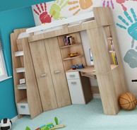 Łóżko piętrowe z biurkiem szafą narożną antresola SOLA L dąb sonoma biały