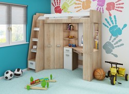 Łóżko piętrowe z biurkiem szafą narożną antresola SOLA L dąb sonoma biały