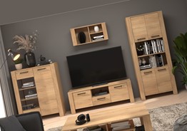 meble DELIS #1 zestaw witryna szafka RTV regał półka dąb cremona
