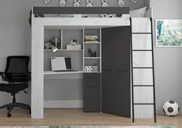 Łóżko piętrowe z biurkiem szafą narożną antresola FLO P craft biały grafit