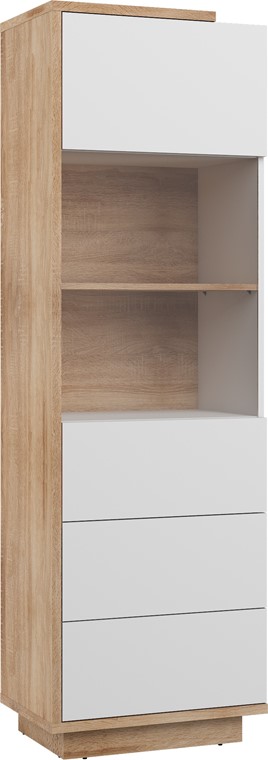 meble BRITA 27 wysoka witryna do salonu dąb sonoma biały połysk