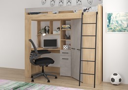 Łóżko piętrowe z biurkiem szafą narożną antresola FLO P dąb cremona beton