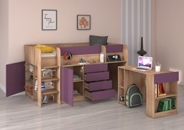 Łóżko piętrowe biurko komoda z szufladami antresola EMI L dąb sonoma fiolet