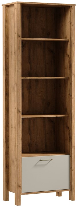 meble INDYGO R1K wąski regał z półkami drzwiami otwarty dąb wotan beż