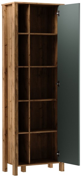 meble INDYGO R1D wąski regał z półkami drzwiami zamknięty dąb wotan zieleń