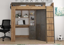 Łóżko piętrowe z biurkiem szafą narożną antresola FLO P craft złoty gr brąz