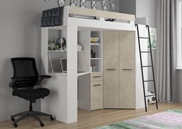 Łóżko piętrowe z biurkiem szafą narożną antresola FLO P biały gran. migdał