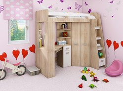 Łóżko piętrowe z biurkiem szafą narożną antresola SOLA P dąb sonoma biały