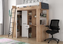 Łóżko piętrowe z biurkiem szafą narożną antresola FLO L dąb sonoma biały