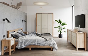meble INDYGO #2 sypialnia łóżko 160 szafa komoda z szufladami dąb wotan beż