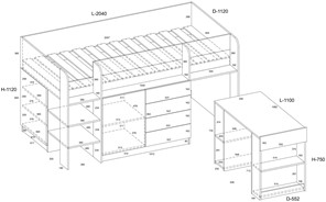 Łóżko piętrowe biurko komoda z szufladami antresola EMI L grafit / biały