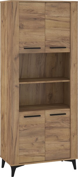 meble MIGES 09 wysoki regał z półkami drzwiami na nóżkach dąb craft złoty