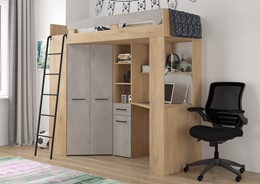 Łóżko piętrowe z biurkiem szafą narożną antresola FLO L dąb cremona beton