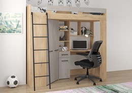 Łóżko piętrowe z biurkiem szafą narożną antresola FLO L dąb cremona beton