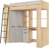 Łóżko piętrowe z biurkiem szafą narożną antresola FLO L dąb cremona beton
