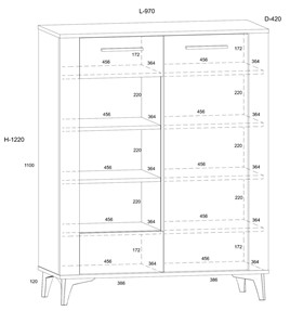 meble MIGES 14 niska witryna do salonu na nóżkach dąb grange biały połysk