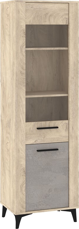 meble MIGES 15 wysoka witryna do salonu na nóżkach dąb endgrain beton szary
