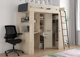 Łóżko piętrowe z biurkiem szafą narożną antresola FLO P endgrain gr. migdał