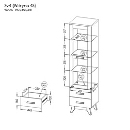 meble SVEN 04 wąska skandynawska witryna do salonu na nóżkach z szufladą