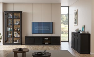 meble LUCCA #2 pokojowe witryna szafka RTV komoda czarny grafit dąb craft