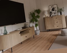 meble OVALIO #1 pokojowe zestaw komoda szafka RTV na nóżkach dąb cremona