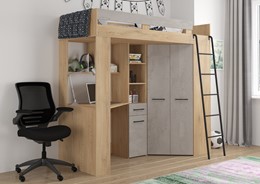 Łóżko piętrowe z biurkiem szafą narożną antresola FLO P dąb cremona beton