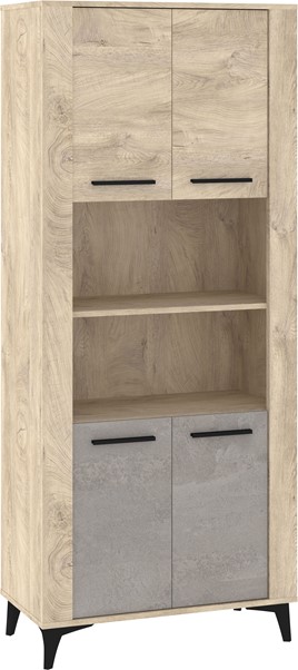meble MIGES 09 wysoki regał z półkami drzwiami na nóżkach dąb endgrain beto