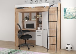 Łóżko piętrowe z biurkiem szafą narożną antresola FLO P dąb sonoma biały
