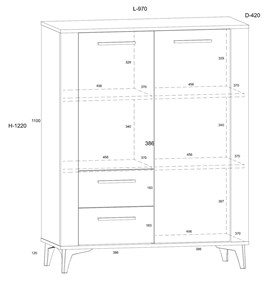 meble MIGES 08 regał z szufladami drzwiami na nóżkach dąb grange biały poły