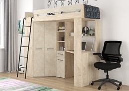 Łóżko piętrowe z biurkiem szafą narożną antresola FLO L endgrain gr. migdał