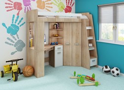 Łóżko piętrowe z biurkiem szafą narożną antresola SOLA P dąb sonoma biały